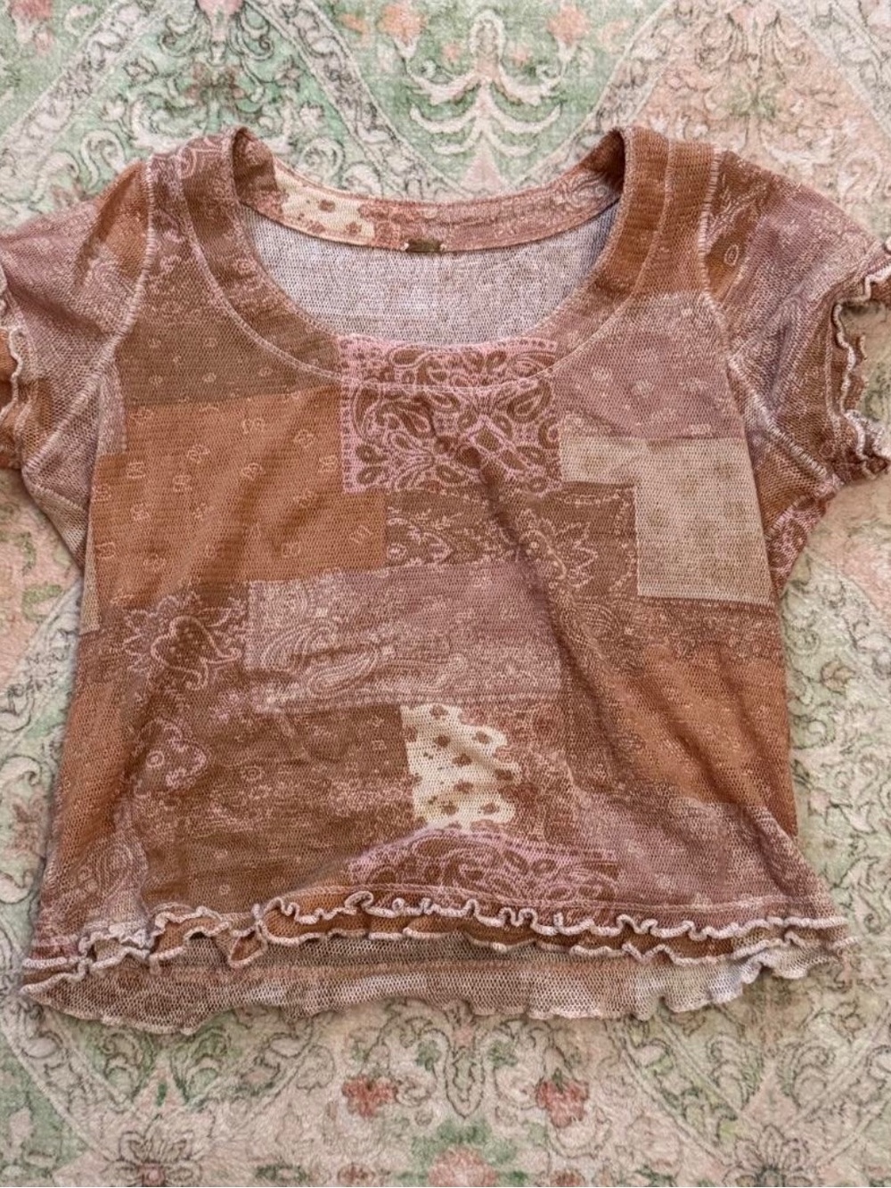 Free People Mauve and Brown Patchwork Crop Tee